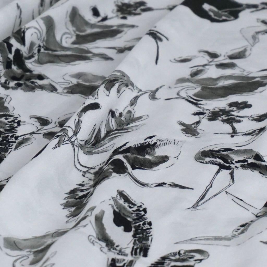 Viskose Druck Sittiche Kranich Zweige weiß grau